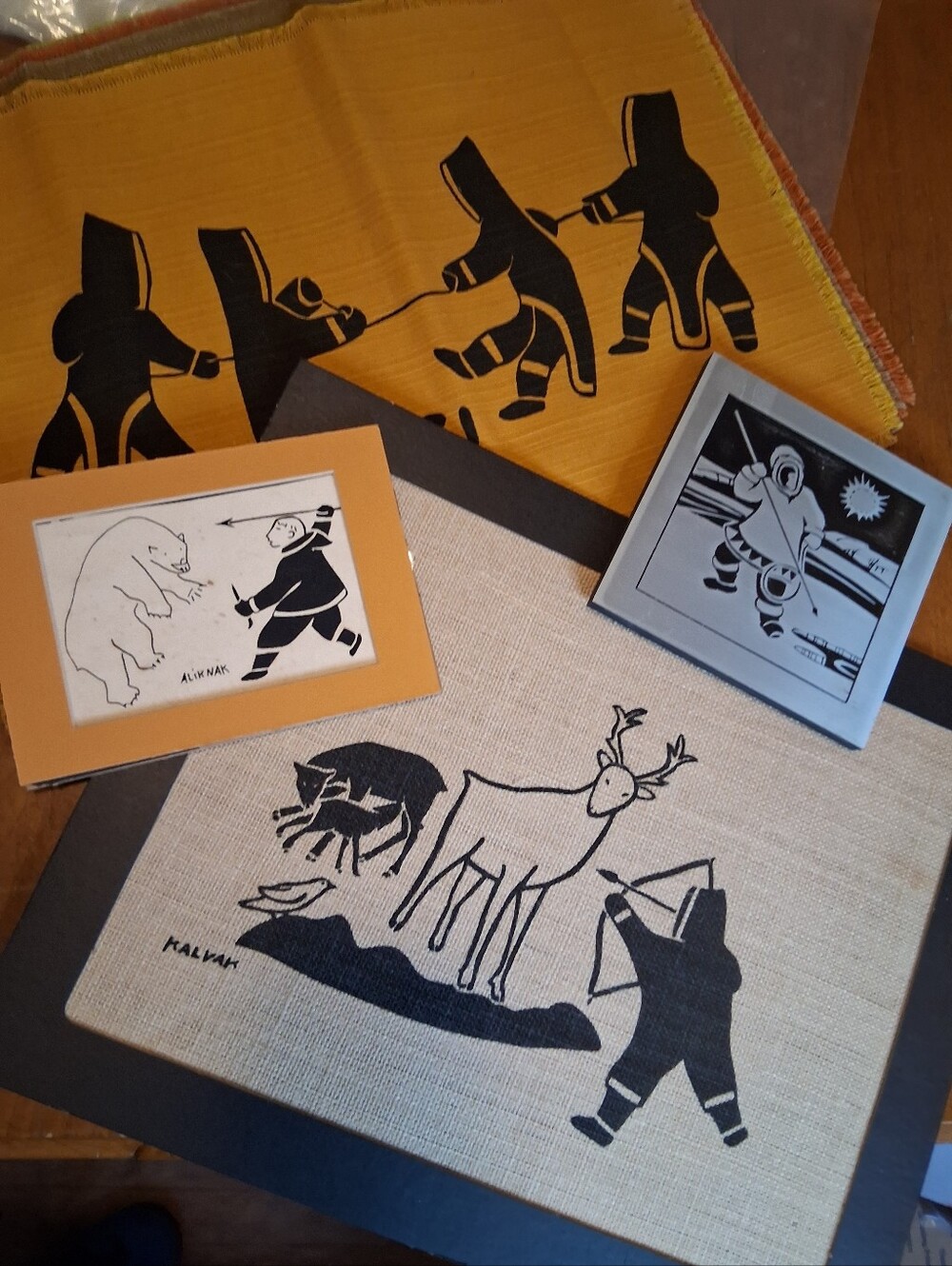 Collection of Inuit Style Textile 4 Mats, Metal Art, Large & Small Matted Art